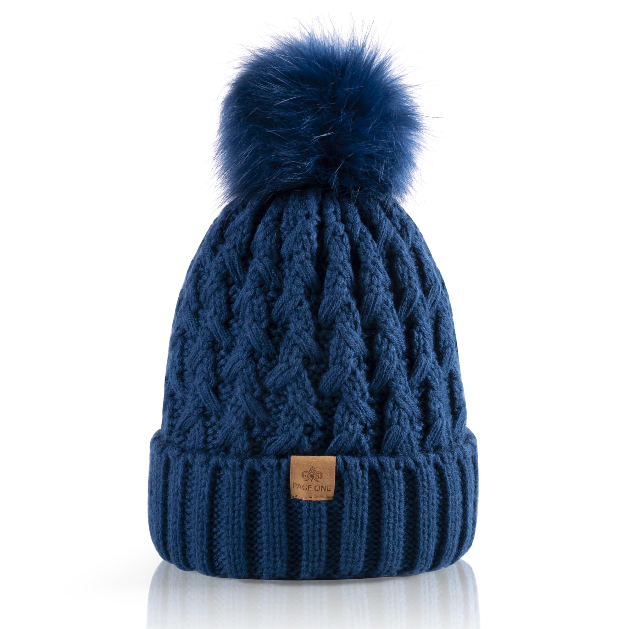 PAGE ONE Womens Winter Ribbed Beanie Crossed Cap Chunky Cable Knit Pompom Soft Warm Hat